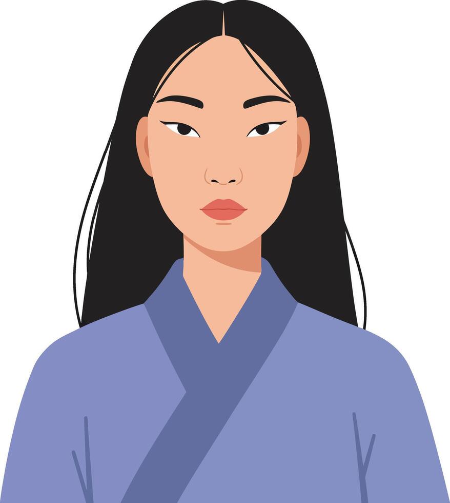 A young woman with long black hair wearing a blue traditional outfit in a minimal flat illustration showcasing serenity and cultural elegance in art vector