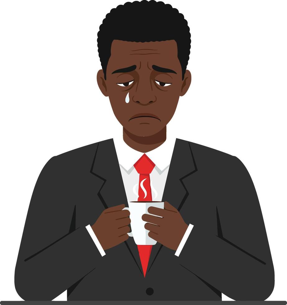 A man in a black suit with a red tie holding a steaming cup, expressing sadness, in a minimal illustration vector