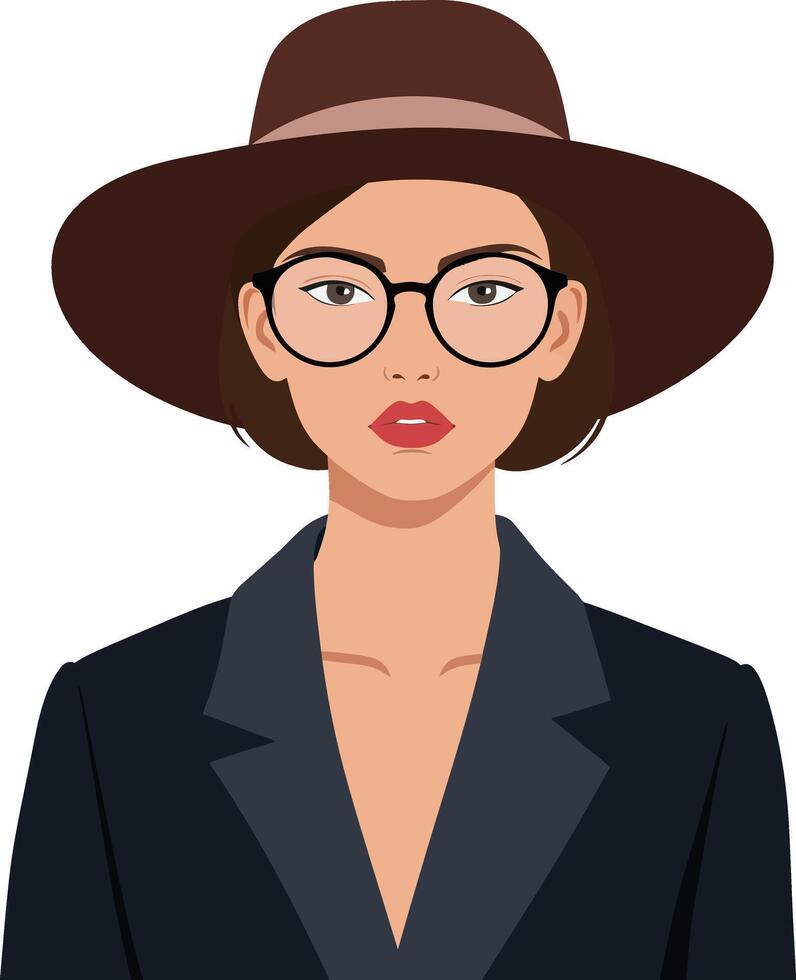 Stylish woman with glasses wearing a wide-brimmed hat in a minimalistic flat design art vector