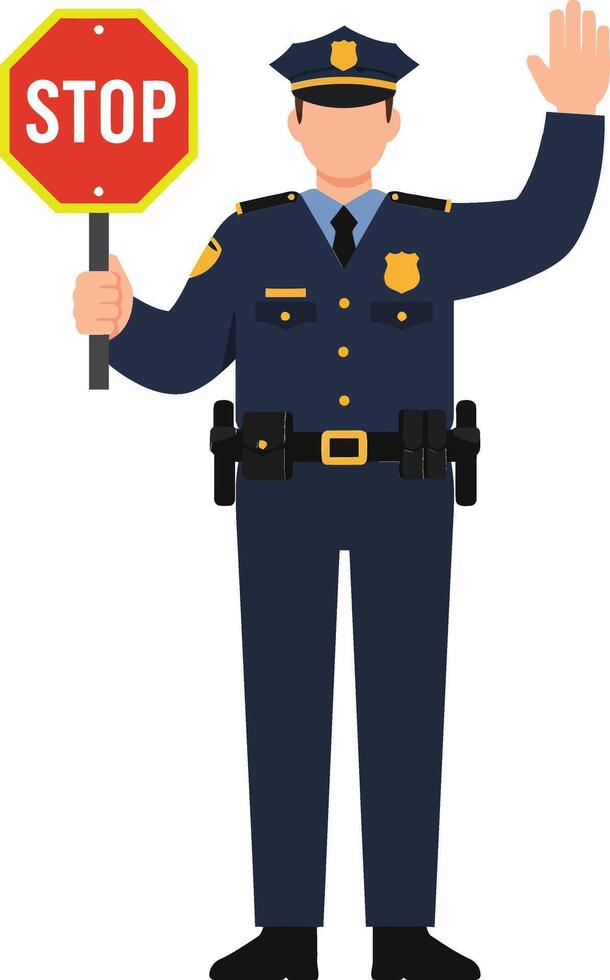 Police officer in uniform holding a stop sign while directing traffic in a flat illustration showcasing authority and safety vector