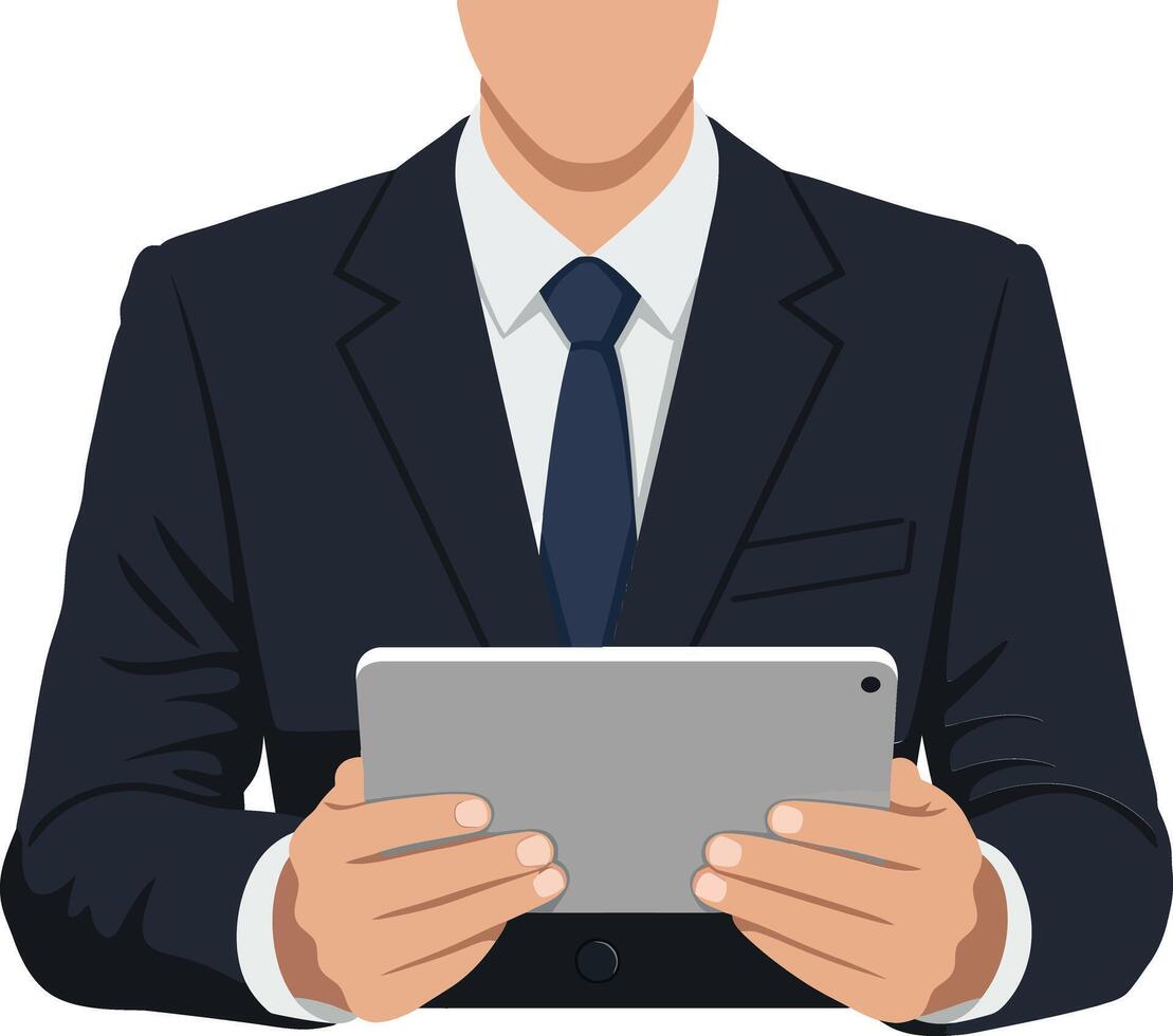 Businessman in a formal suit holding a tablet device in a sleek, modern design style showcasing digital technology art vector