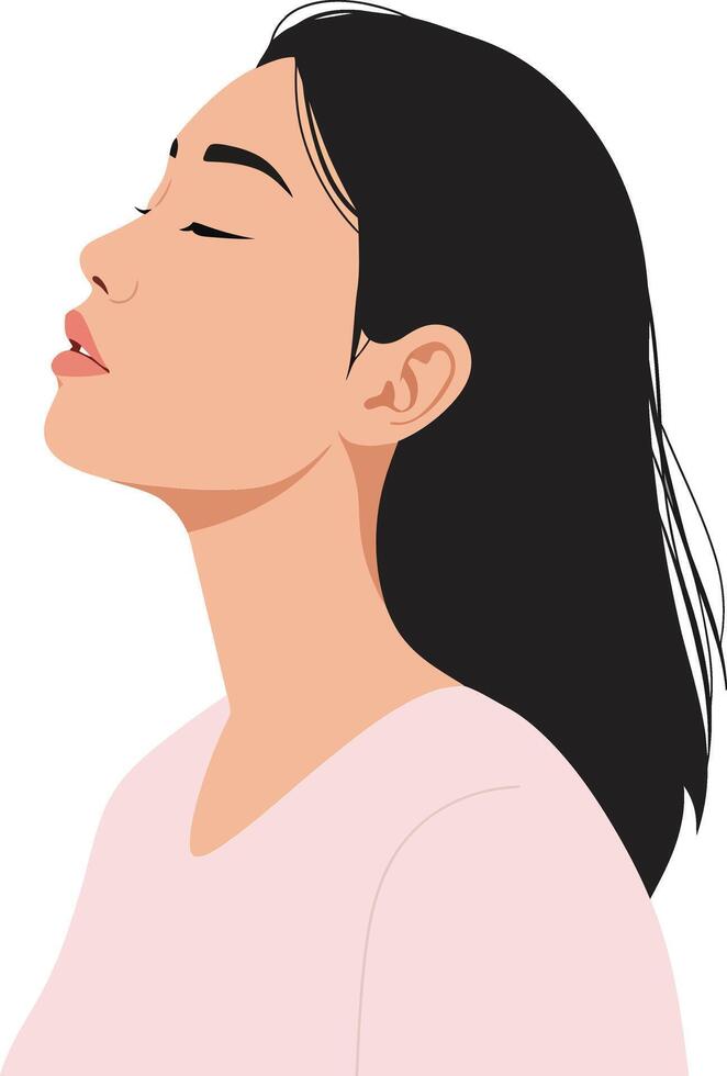 A serene woman with long black hair gazing upwards in a minimal style, expressing calmness and tranquility in illustration vector