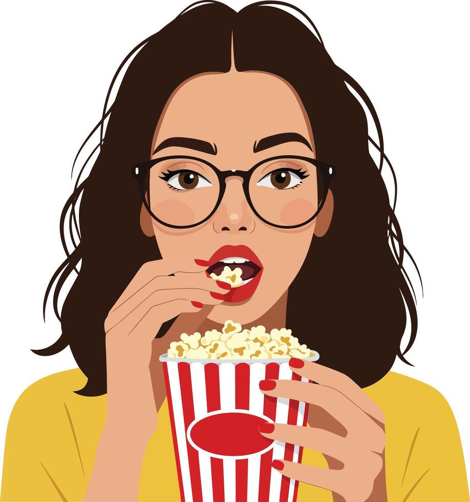 Young woman with glasses enjoying popcorn in a striped bucket, minimal style, cheerful expression, illustration vector