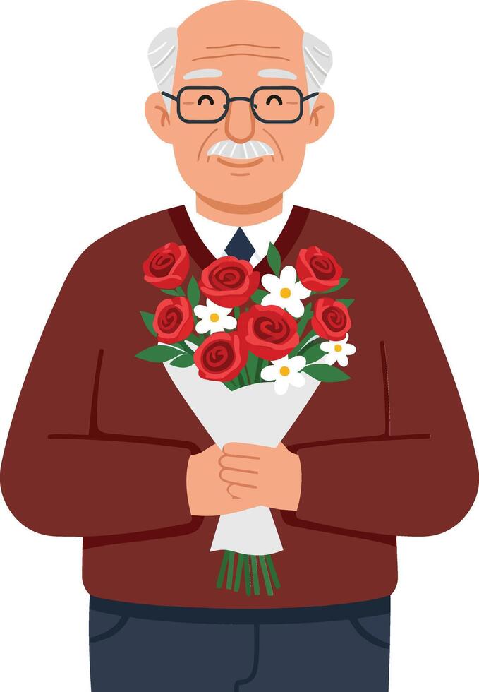Elderly man with round glasses holding a bouquet of red roses and daisies in a minimal illustration showcasing love and warmth vector