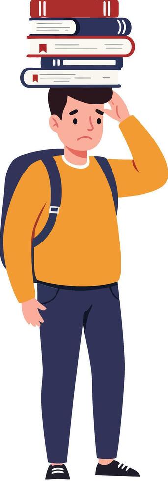 A young student balancing a stack of colorful books on his head in a playful flat illustration, showcasing concentration and humor in a lighthearted scene vector