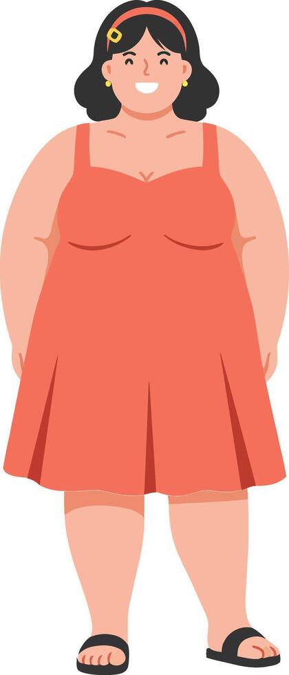 Confident woman in a red dress with sandals, standing proudly against a minimalist background, showcasing a flat design style in illustration vector