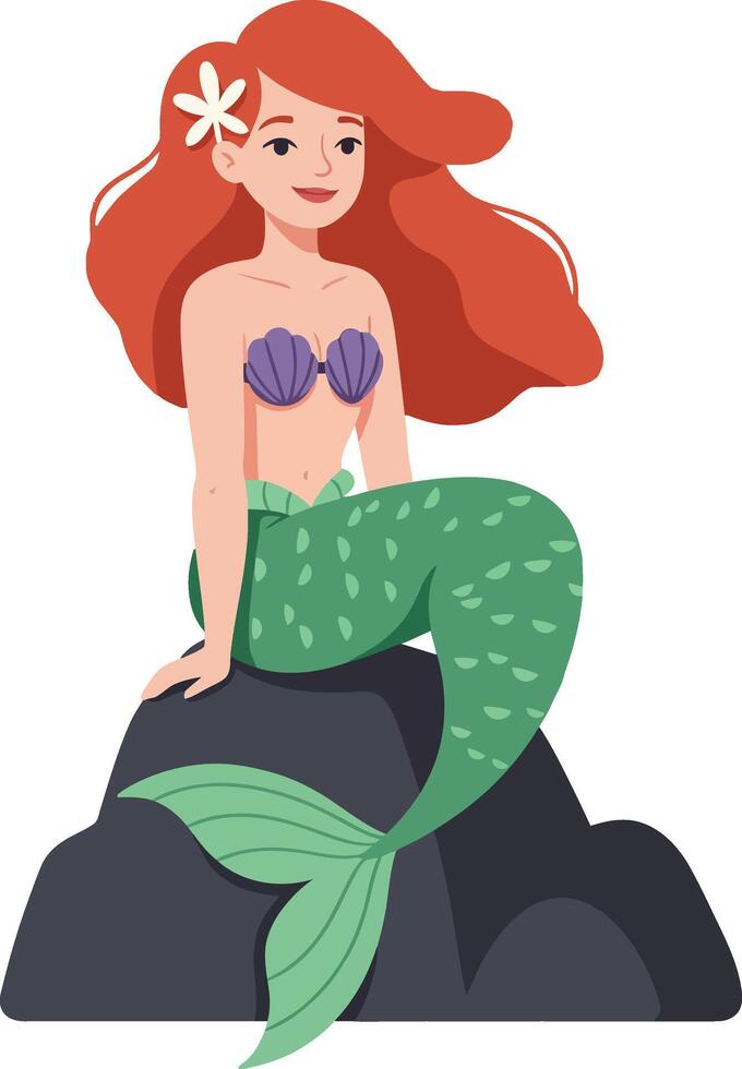 A charming mermaid with flowing red hair sitting on a rock in a playful pose, featuring minimal design and vibrant colors in this art vector