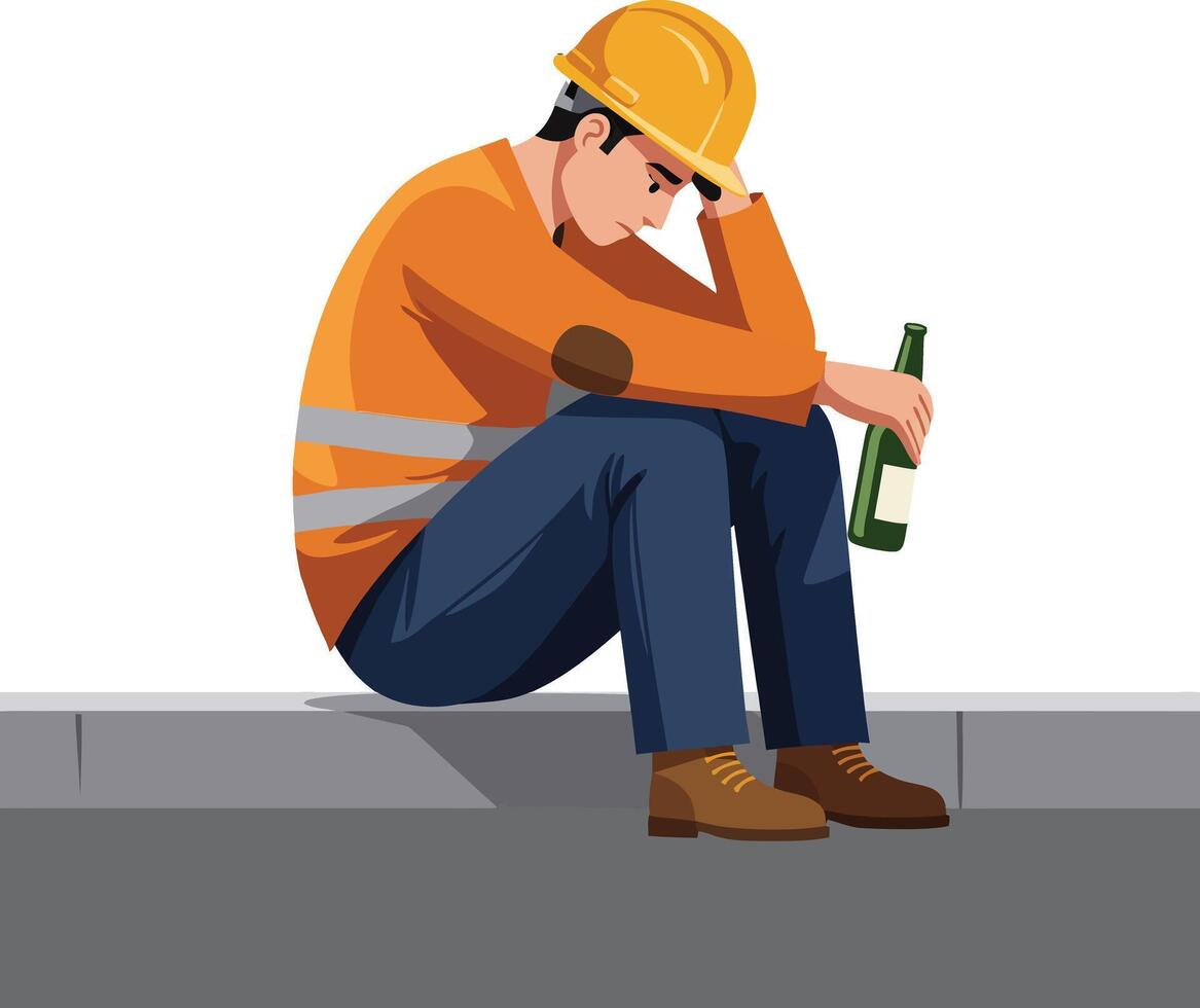 A construction worker in an orange safety vest sitting on a ledge, appearing distressed while holding a green bottle in flat illustration vector