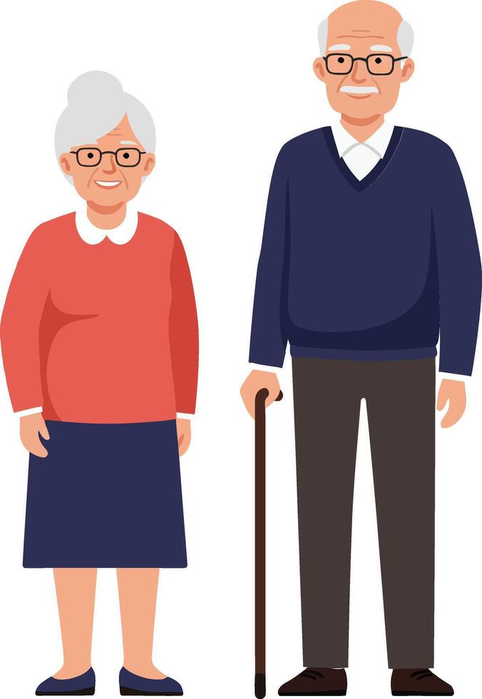 Elderly couple in casual clothing standing together, smiling warmly in a flat illustration, showcasing companionship and joy in their golden years vector