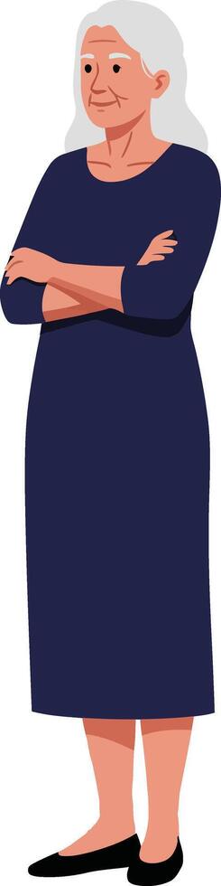 Elderly woman standing confidently with arms crossed in a navy dress, showcasing a minimal and modern design style, illustration vector