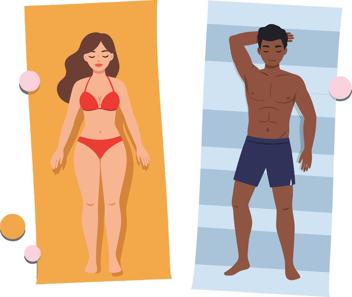 Two young adults sunbathing on beach towels in a colorful summer setting, minimal design illustration vector