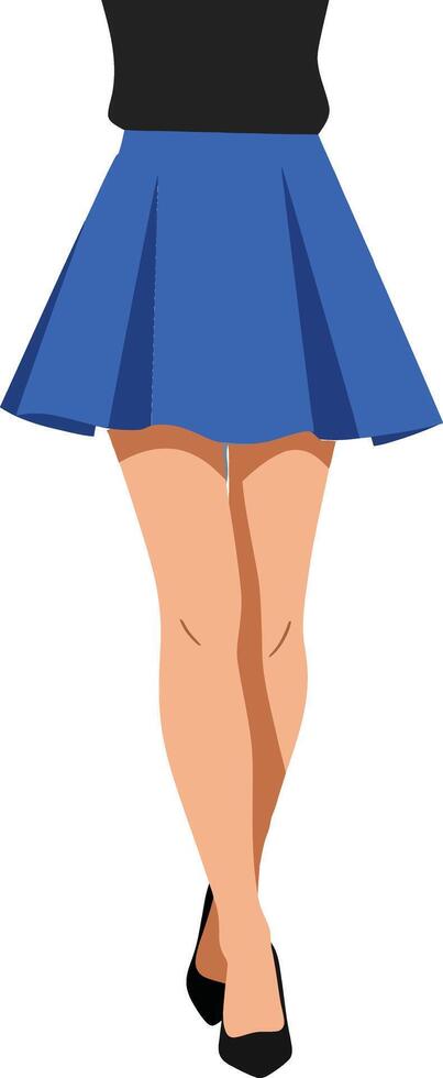Stylish woman wearing a black top and blue skirt confidently walking in a minimalistic flat illustration vector