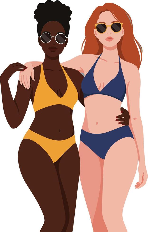 Two diverse women in stylish swimsuits enjoying summer together in a cheerful atmosphere, flat illustration vector