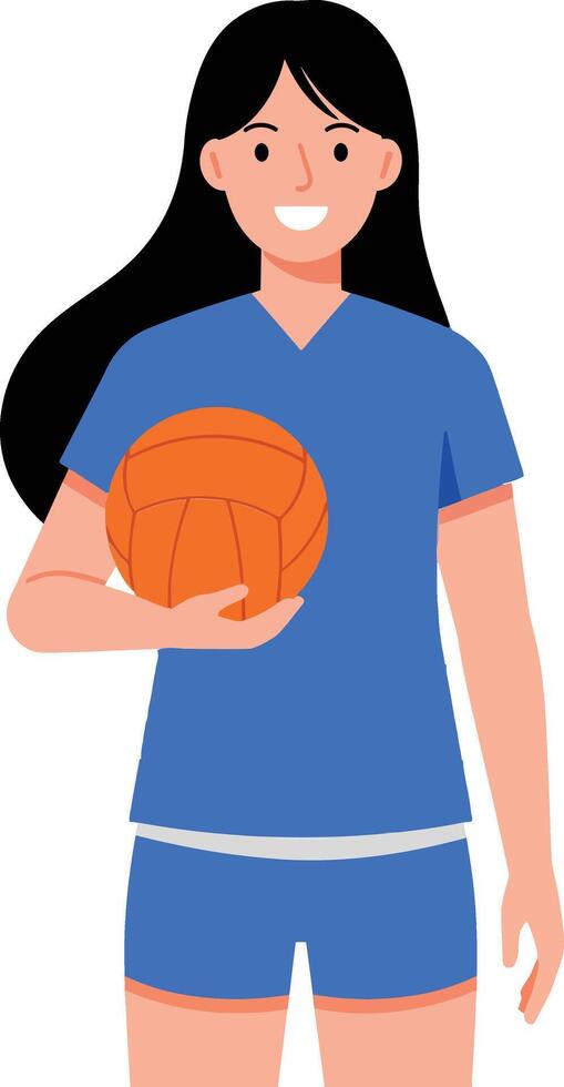 A young female volleyball player in a blue uniform smiling and holding a volleyball in a flat design illustration vector