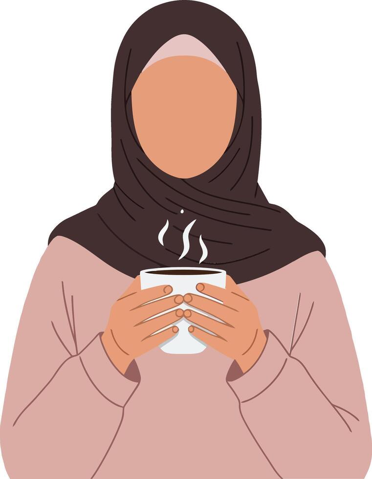 Woman in a shawl holding a steaming cup of tea, minimal design style, serene atmosphere, illustration vector