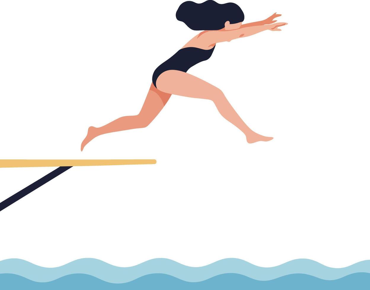 Woman diving off a platform into clear blue water in a flat style illustration showcasing athleticism and joy in an outdoor setting vector