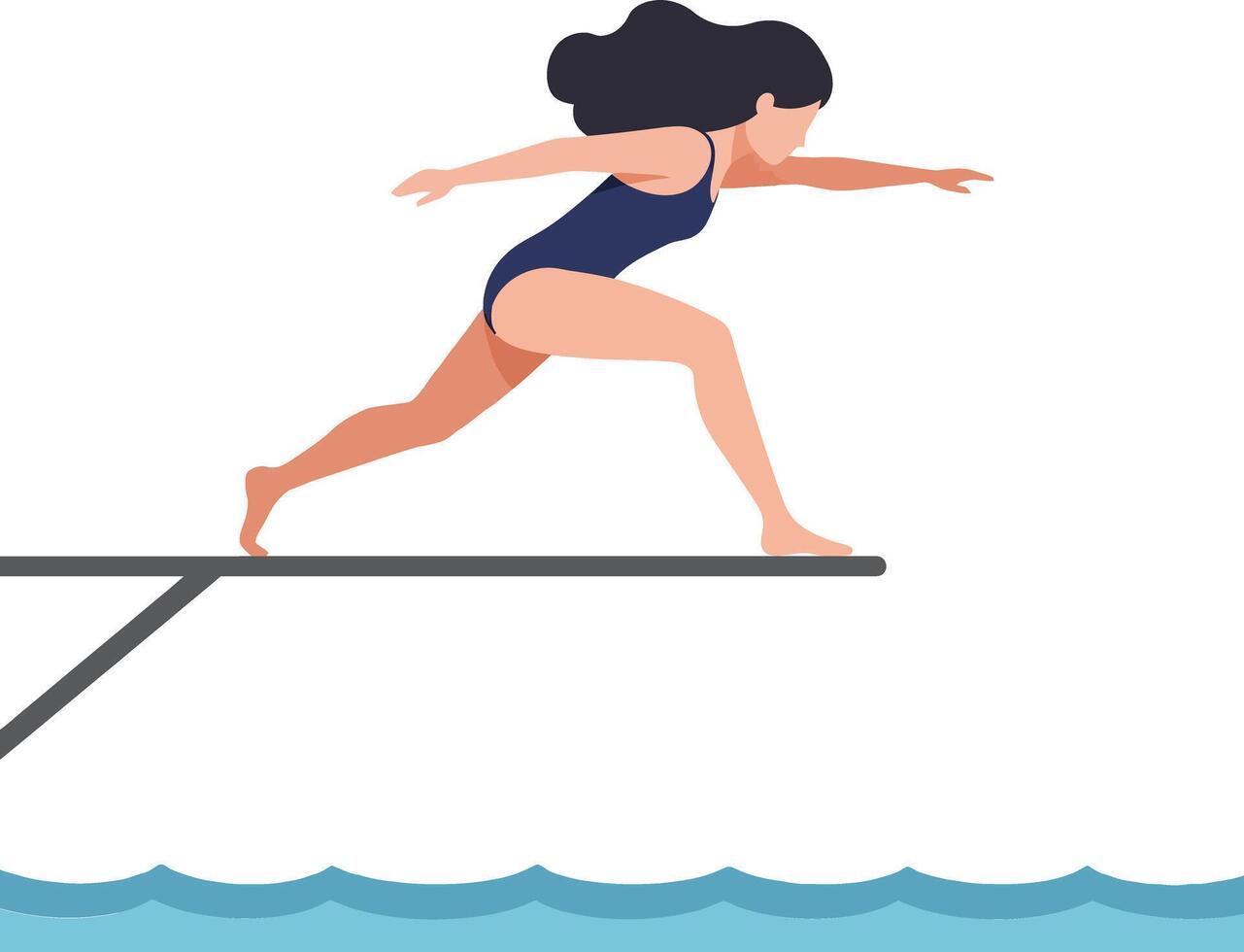Female swimmer poised to dive from a platform into a serene blue pool, showcasing a flat and minimal illustration vector