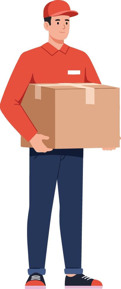 Delivery person in a red uniform carrying a large cardboard box in a flat illustration style showcasing professionalism and reliability in a simple design vector