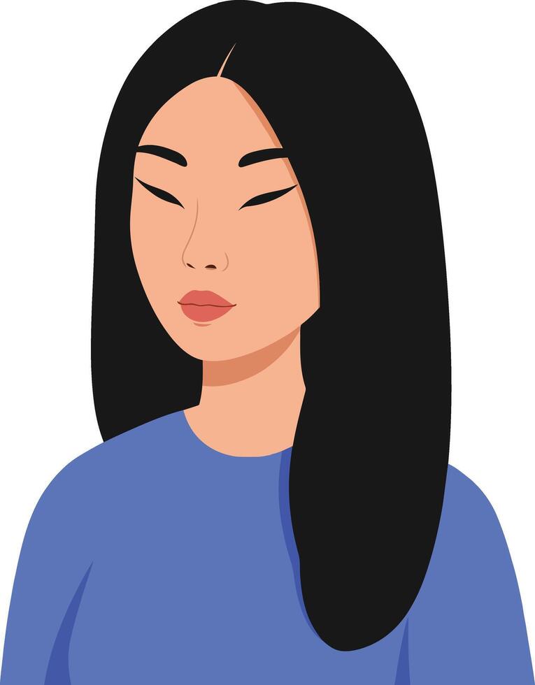 A young woman with long black hair wearing a blue shirt, depicted in a minimal flat design style, showcasing confidence and serenity in art vector