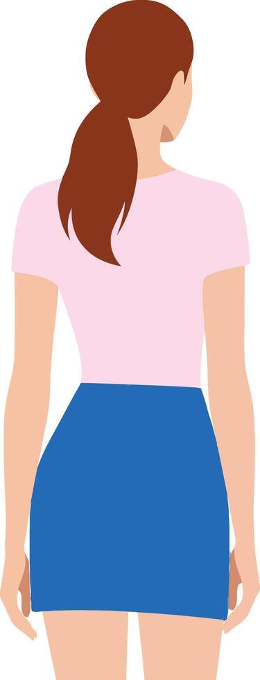 A young woman in a pink top and blue skirt standing with her back to the viewer, flat illustration showcasing fashion and style in a minimalist design art vector