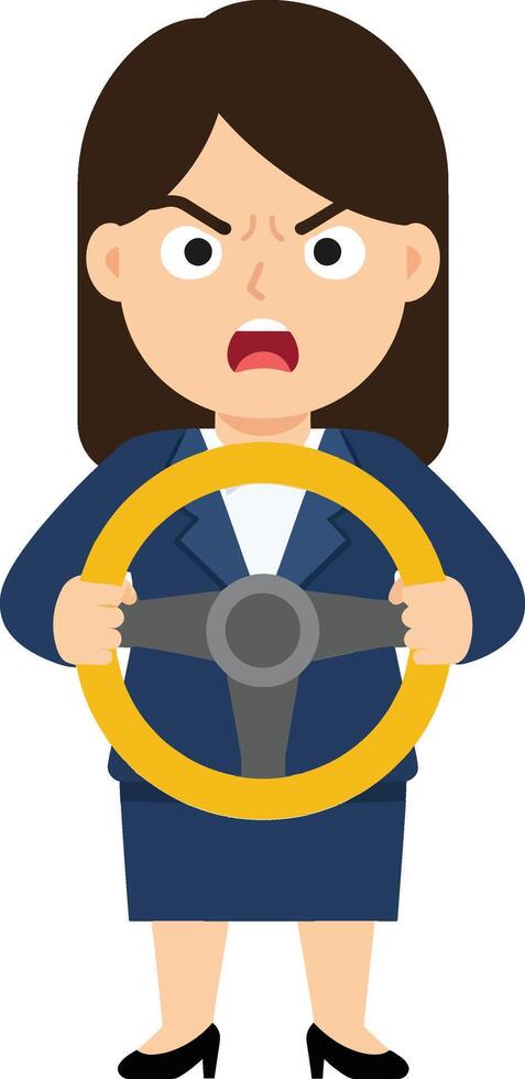 Angry businesswoman gripping a yellow steering wheel in a flat cartoon style illustration, showcasing frustration and determination in a dynamic expression while wearing a dark suit. vector