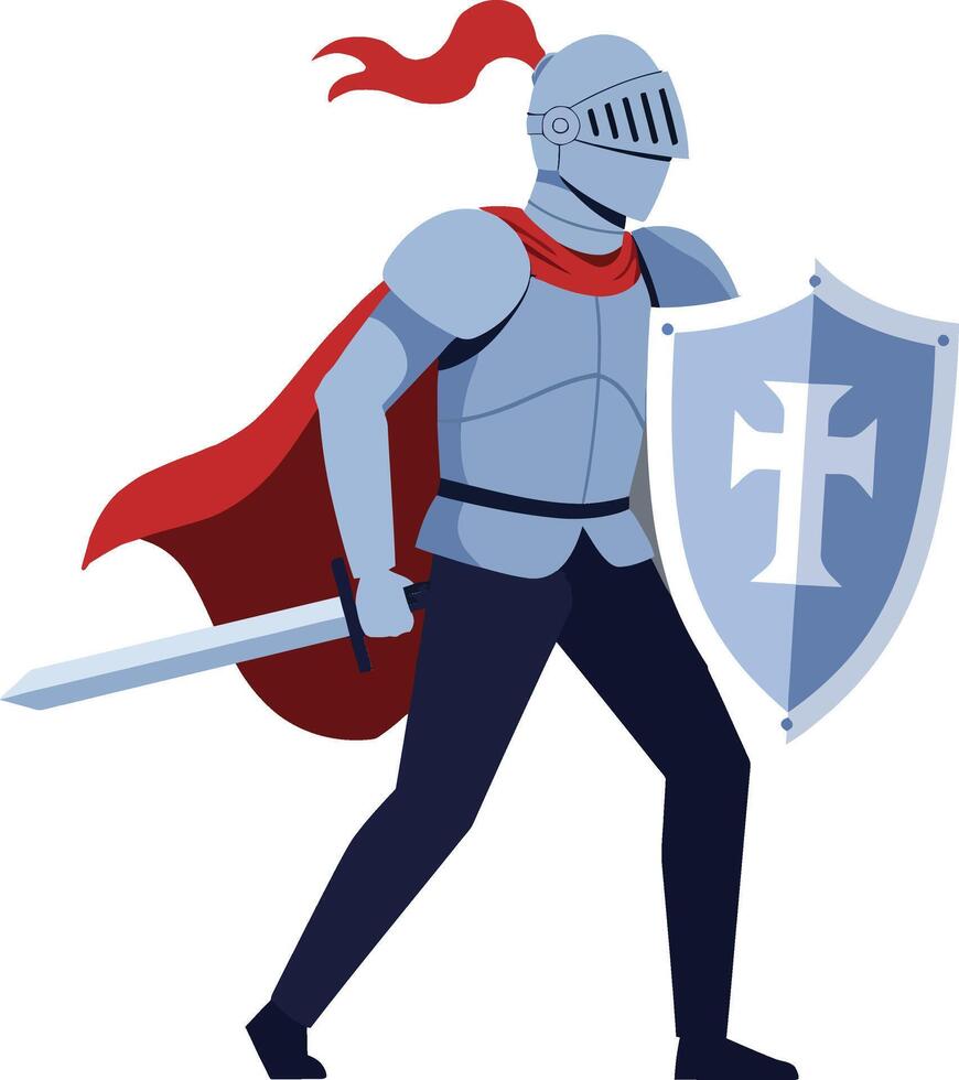 A valiant knight in shining armor with a red cape holding a sword and shield in flat art style, exuding bravery and strength vector