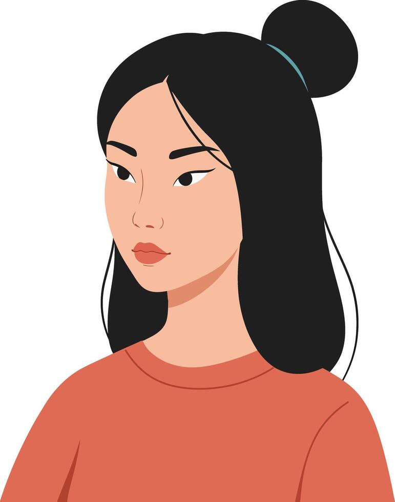 Young woman with long black hair styled in a bun, wearing an orange sweater, illustrated in a minimal, flat design art vector