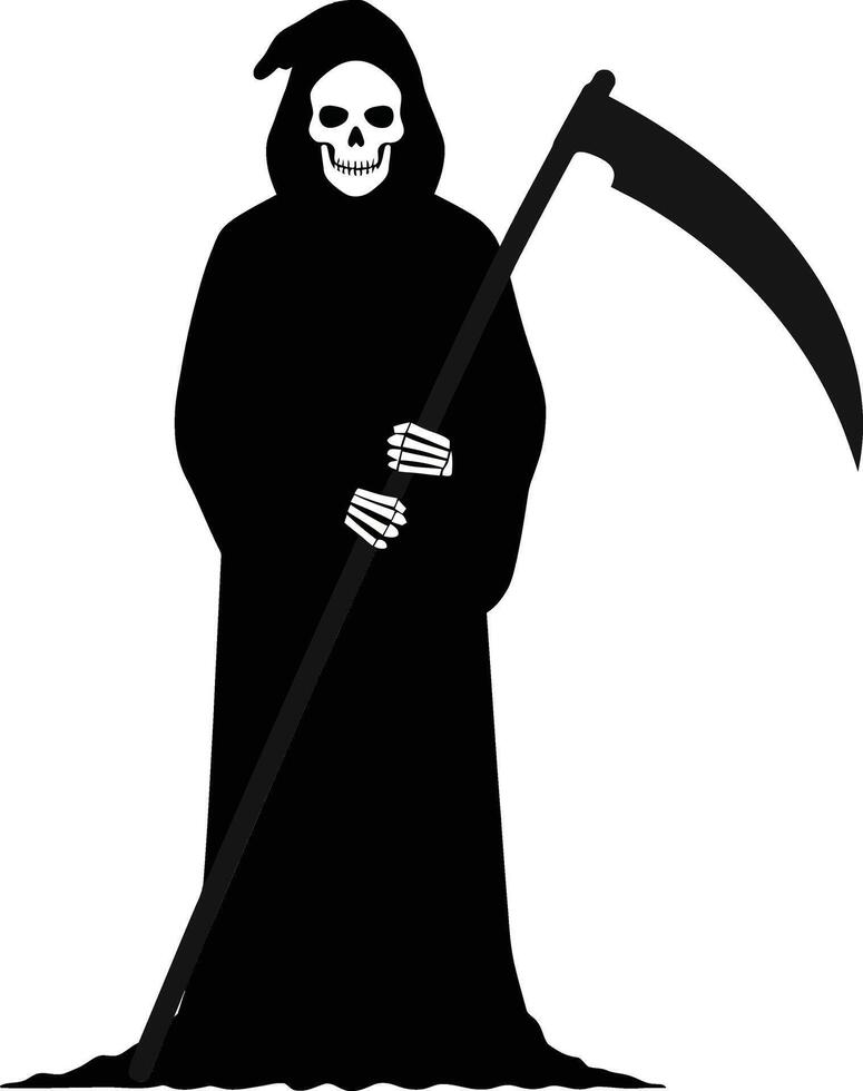 Grim reaper character holding a large scythe in a minimal black and white design, creating an eerie yet striking illustration vector