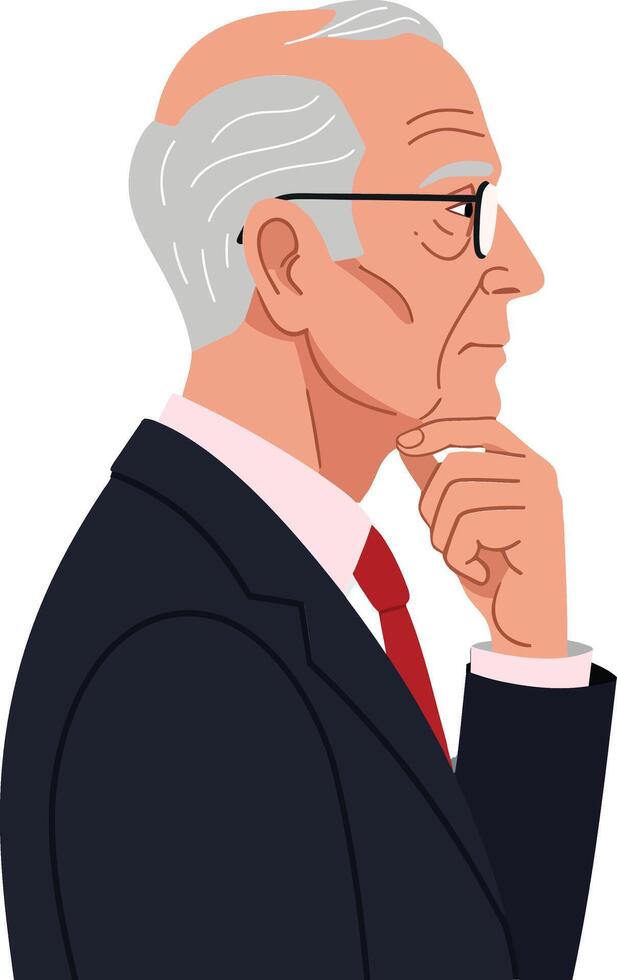 Thoughtful elderly man in a black suit with glasses and gray hair in a flat illustration vector