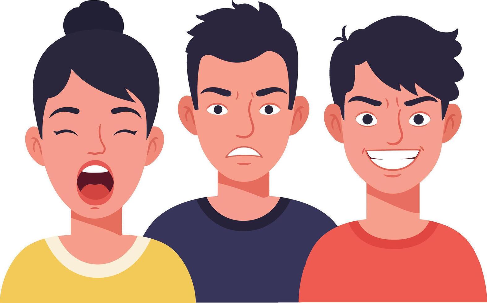 Three diverse characters expressing different emotions in a flat design style illustration vector
