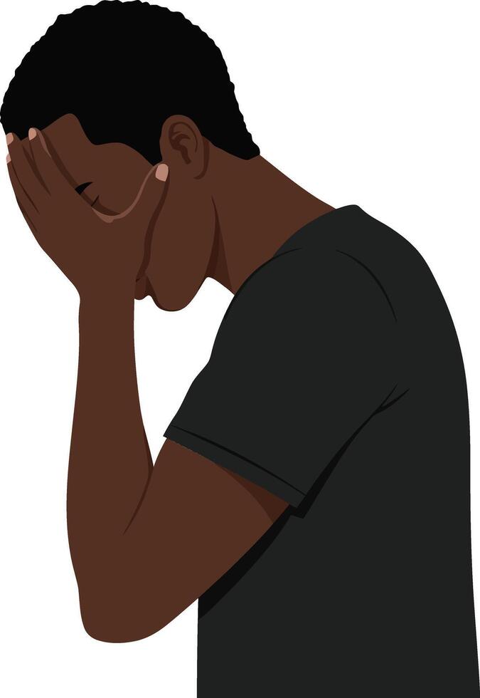 A young man in a black shirt showing distress by covering his face, illustrated in a minimal style, conveying emotion through flat art vector