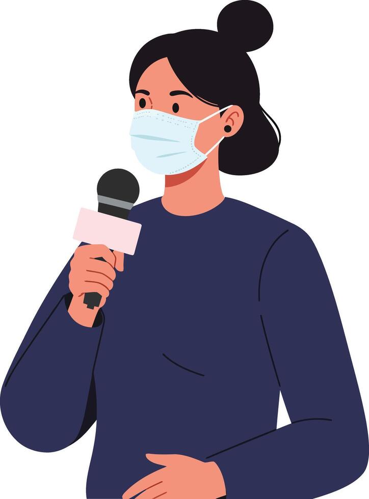 Woman wearing a mask holding a microphone while speaking in a casual setting, flat design illustration vector