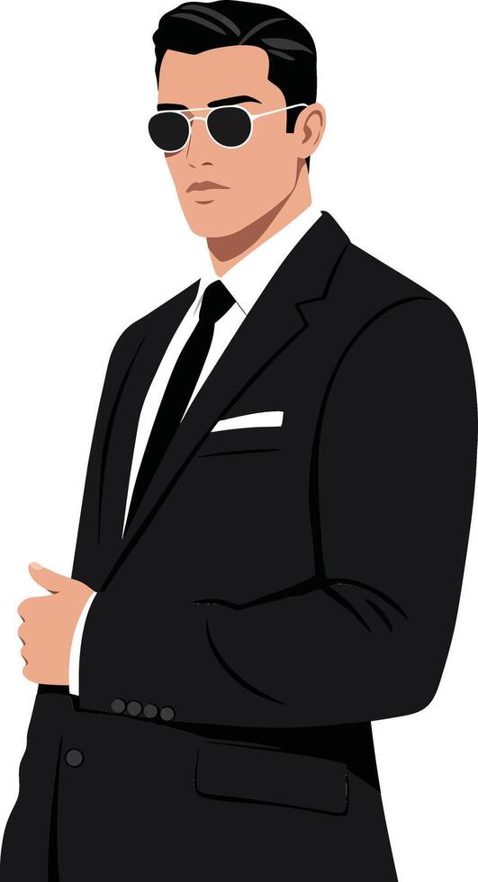 Confident man in a sleek black suit wearing sunglasses, exuding professionalism and charisma in a minimal illustration vector