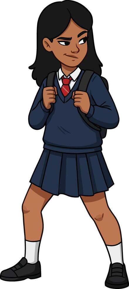Confident schoolgirl in uniform with backpack in a dynamic pose showcasing flat art style vector