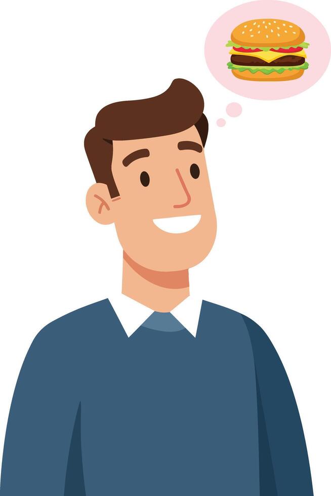 A young man with a cheerful expression dreaming of a delicious hamburger in a minimal, flat design illustration vector