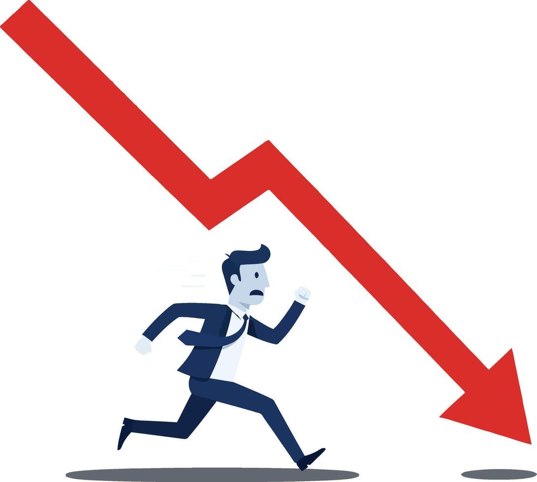 Businessman in a suit running away from a downward trend arrow in a flat illustration depicting urgency and concern over financial loss vector