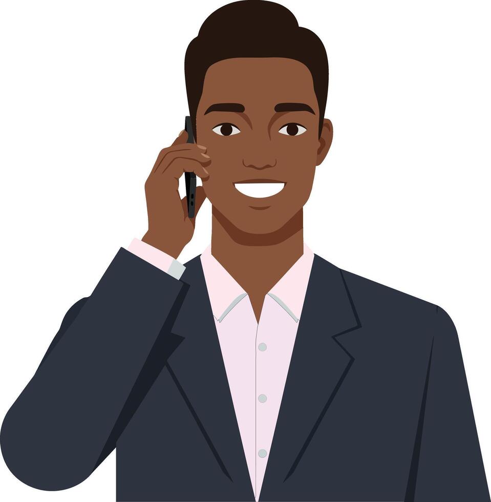 Confident businessman in a dark suit smiling while talking on the phone in a flat illustration vector