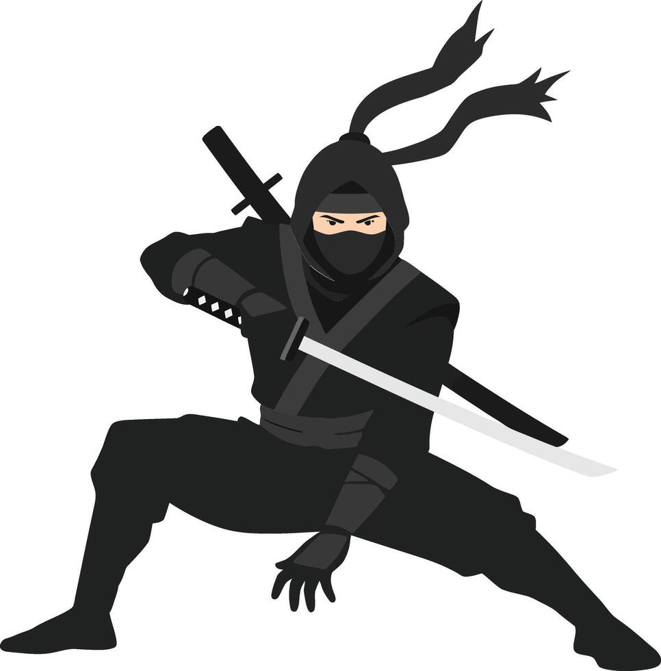 Agile ninja in a dynamic pose wielding a katana, showcasing stealth and precision in flat art vector