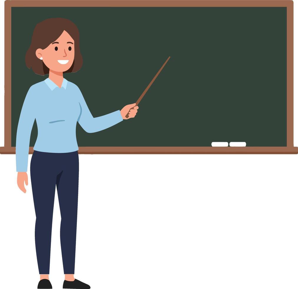 Teacher standing in front of a blackboard holding a pointer, dressed in casual attire, flat art vector