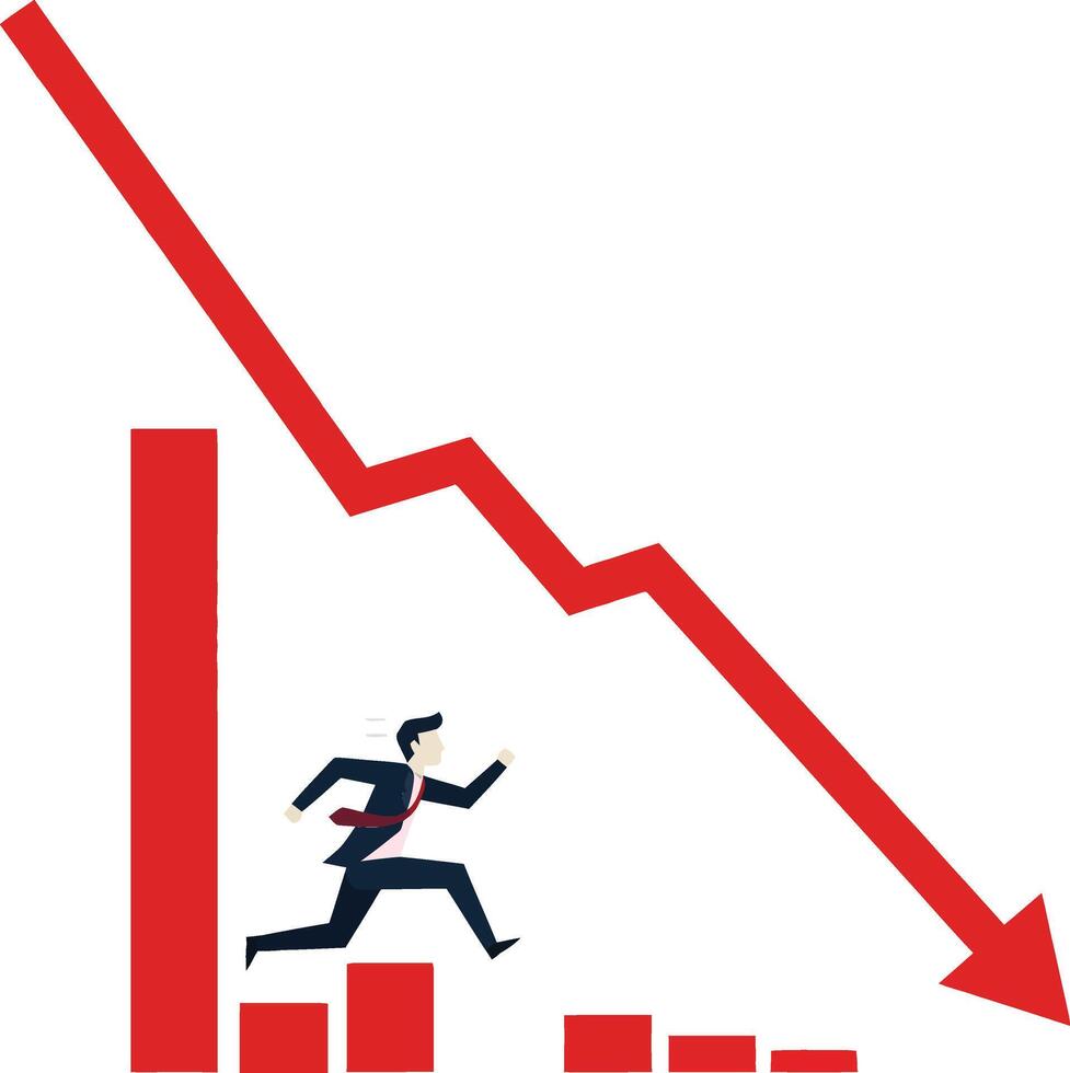 A businessman running away from a declining graph in bold red colors, showcasing urgency and concern in a flat illustration vector