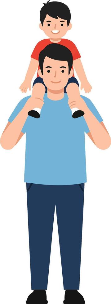 A father carrying his smiling son on his shoulders in a flat, cheerful illustration showcasing a loving bond and joyful interaction between them. vector