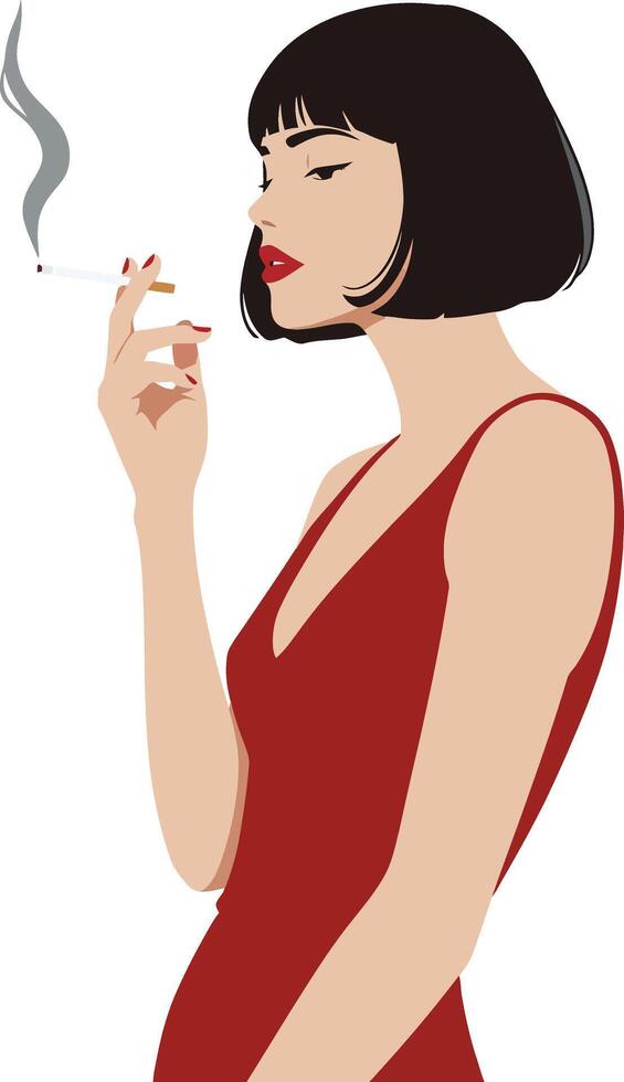 Elegant woman in a red dress smoking a cigarette with an alluring expression in minimal art vector