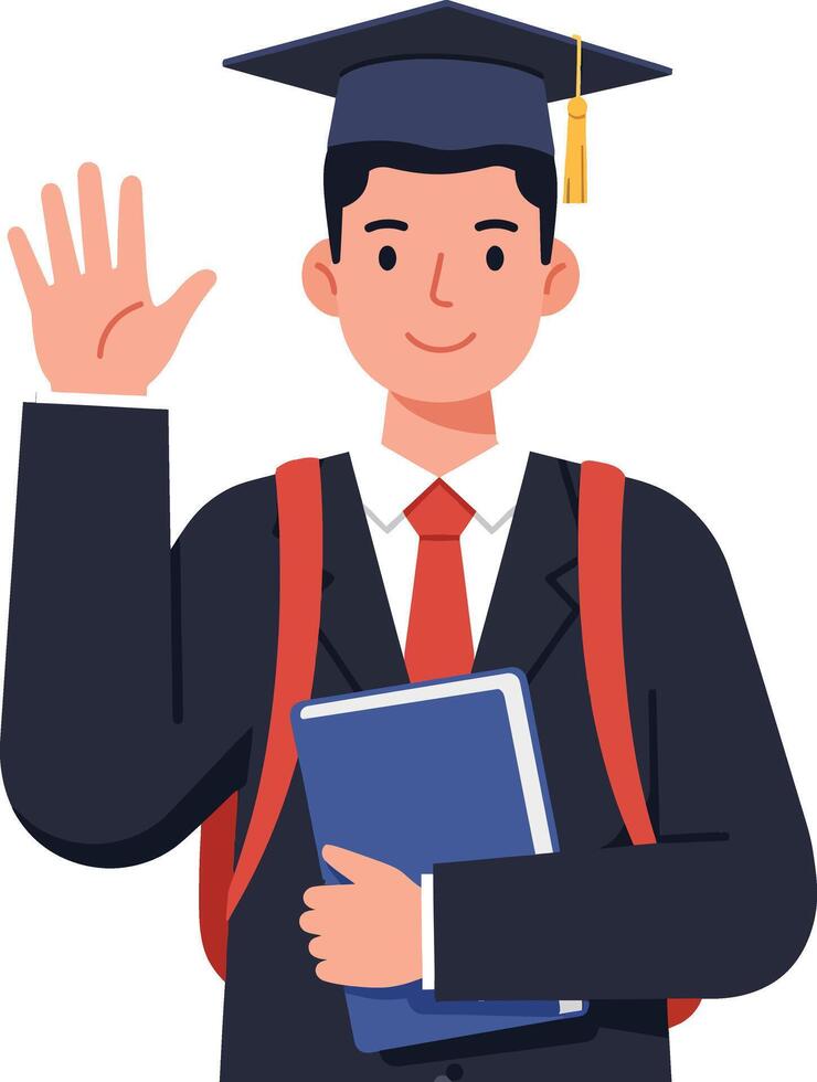 Graduate student wearing a cap and gown, smiling while waving, in a flat and colorful design, illustration vector
