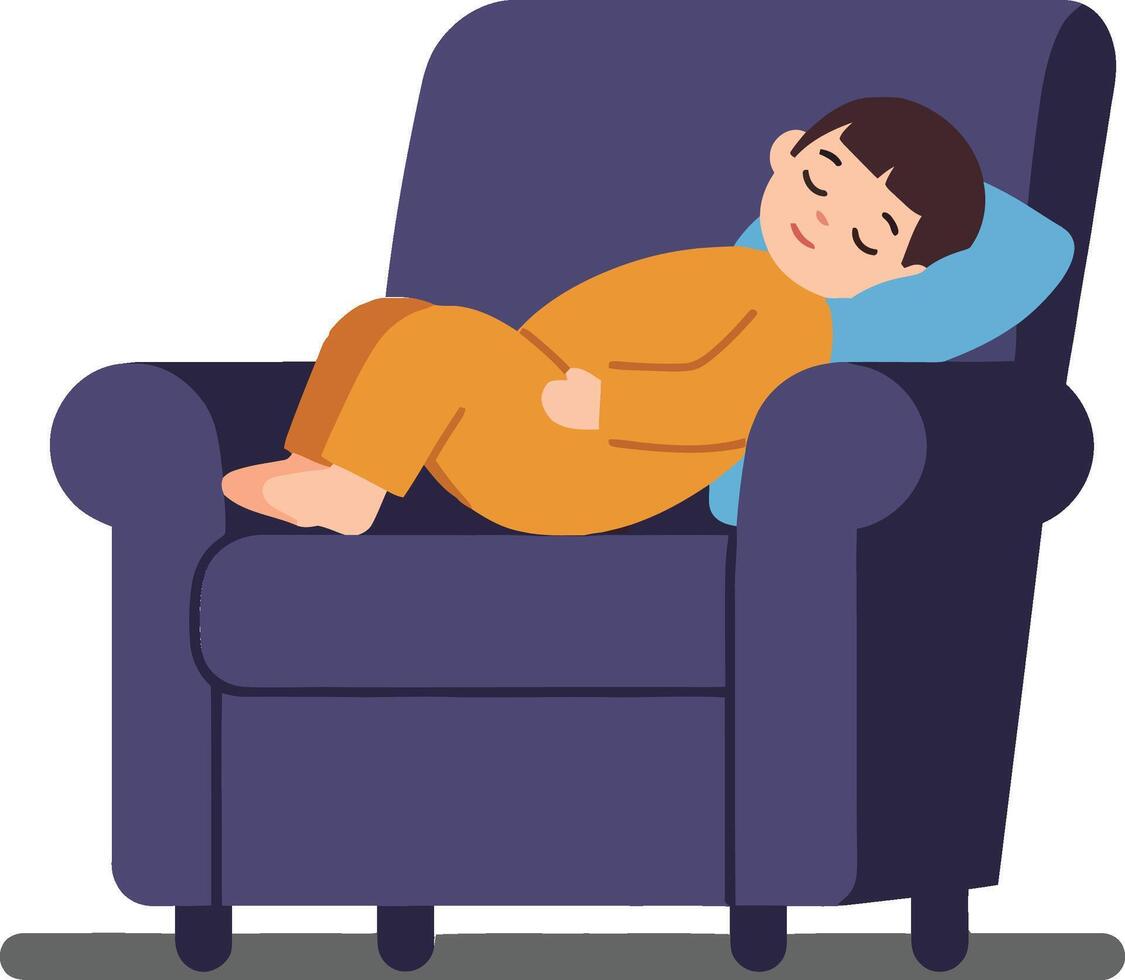 A young boy peacefully sleeping on a cozy armchair with a blue pillow in minimalistic illustration style showcasing tranquility and comfort in a serene indoor setting art vector