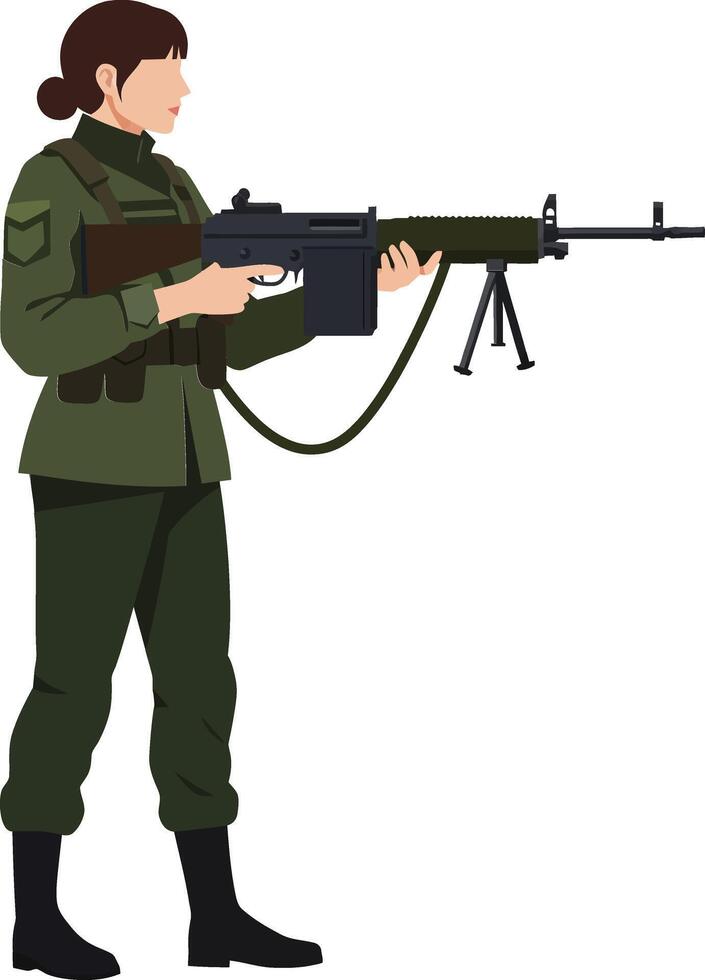 Female soldier in military uniform holding a rifle in a confident stance, showcasing detailed flat art vector