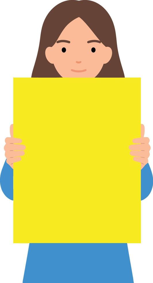 Young woman holding a large yellow sign with both hands in a minimalistic flat design illustration vector