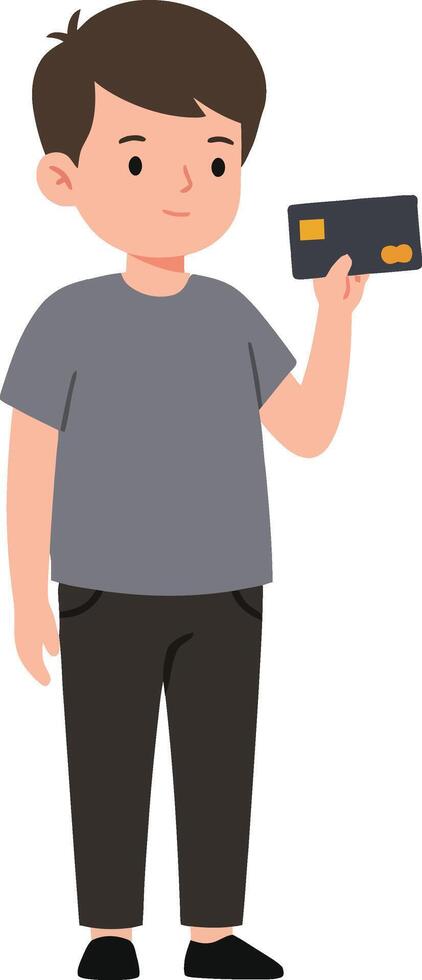 A young boy holding a smartphone in a casual outfit with a neutral expression in a minimal illustration vector