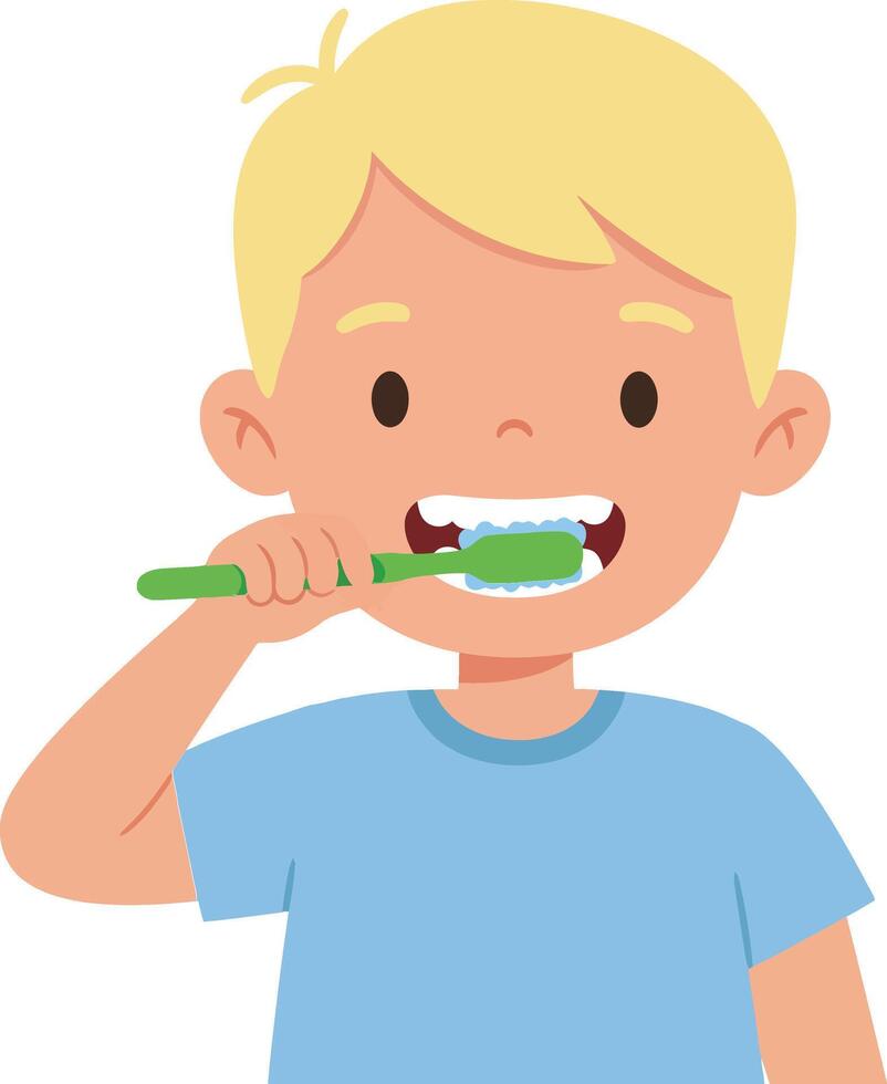 Young boy with blonde hair happily brushing his teeth in a flat, colorful style illustration vector