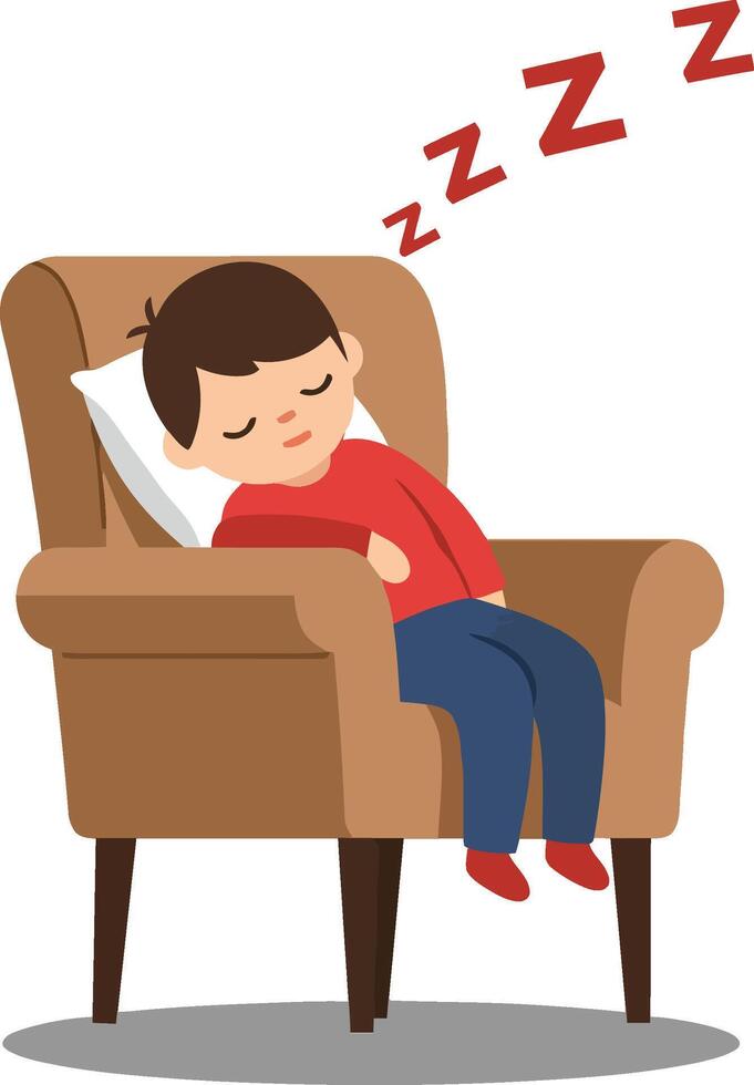 A young boy peacefully sleeping in a cozy armchair with a relaxed posture and soft pillow, featuring flat design art vector