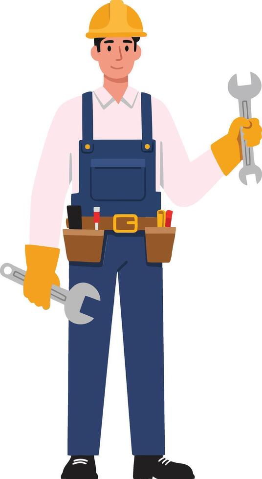 A skilled male technician wearing a hard hat and overalls, holding two wrenches in a flat style illustration vector